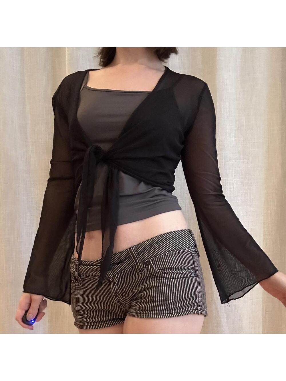 Vintage Y2K Black Sheer Mesh Tie Front Crop Top Bell Sleeve Small